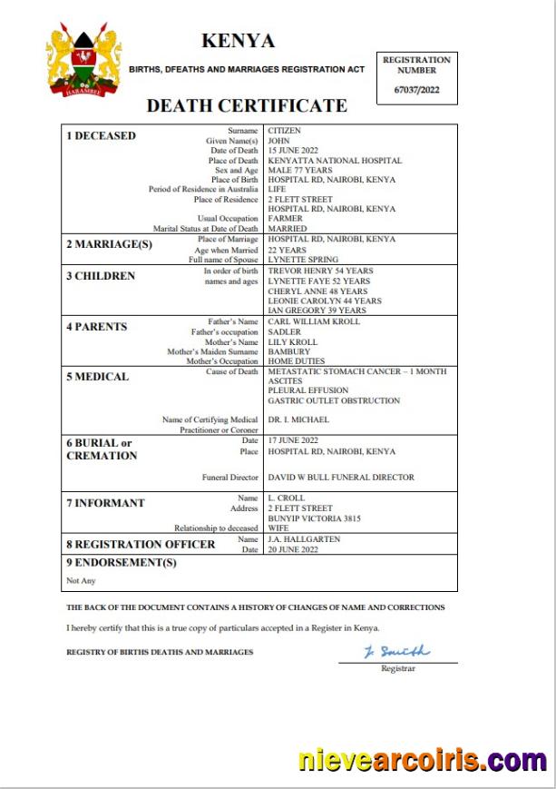 Kenya vital record death certificate